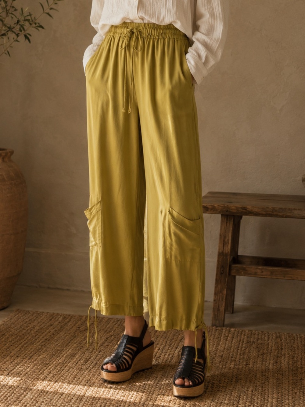 Zara Cargo Green Sheen Wide Leg High Waisted Plush Cotton Sweatpants Small